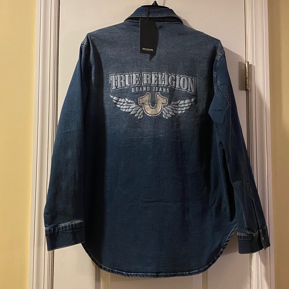 True Religion Cotton Stretch Denim Glitter Logo Button Down Shirt NWT